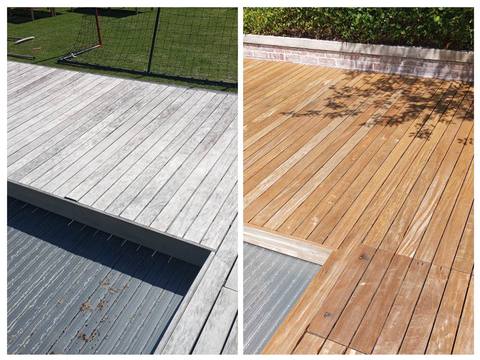 Wooden pool deck before and after pressure cleaning, Cape Town