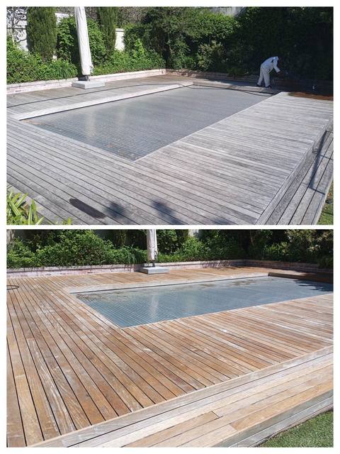 Grey weathered pool deck restored to natural wood colour
